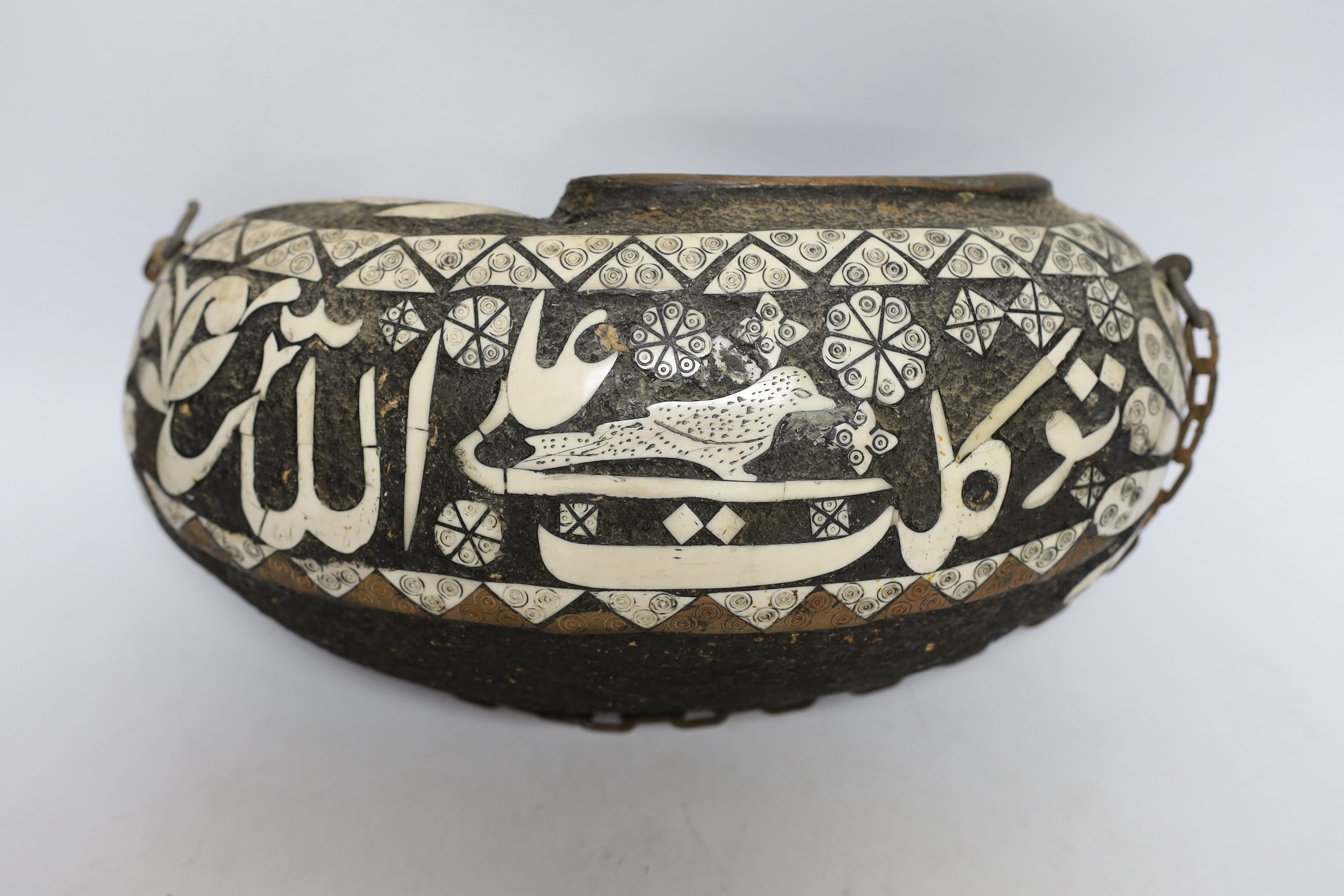 A Persian bone inlaid gourd kashkul begging bowl, 33cm